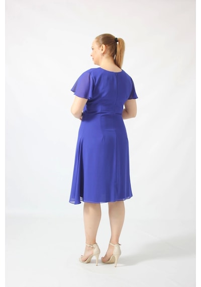 Moda Berray 3297 Saks Kolu Fırfırlı Bele Oturan Astarlı Şifon Elbise Saks Saks Mavi