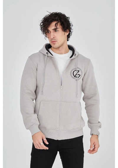 Erkek 3 İplik Pamuklu Fermuarlı Kapüşonlu Kanguru Cepli Hoodie - Boyalı Gri