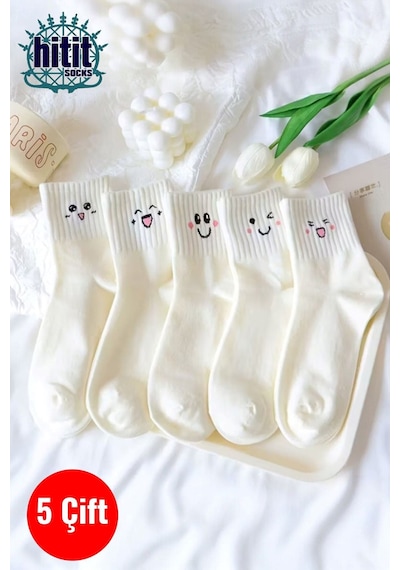 Hitit Socks Kadın 5 Çift Premium Desenli Emojili Ve Gülen Suratlı Uzun Konç Soket Çorap beyaz