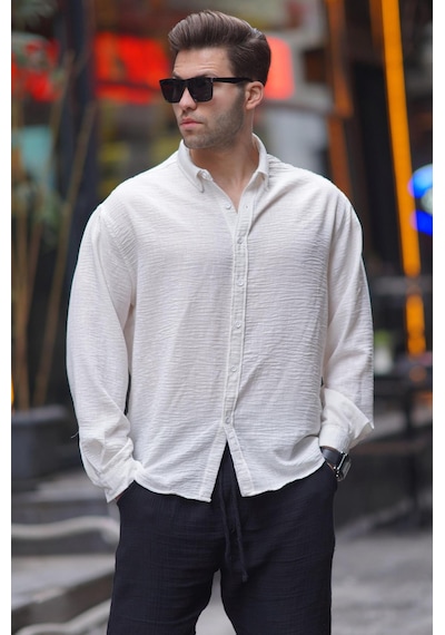 Madmext Ekru Uzun Kollu Oversize Erkek Gömlek 6735 Ekru