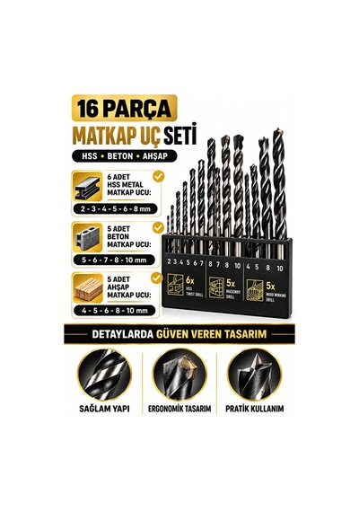 Matkap Ucu Seti 16 Parça Hss Beton Ahşap Delme