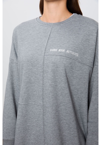 Tommy Life Gri Melanj Kompakt Pamuklu Kalın Pürüzsüz Dokulu O Yaka Oversize Fit Kadın Sweatshirt - 97288 Gri Melanj