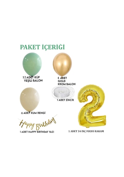 2 Yaş Küf Yeşili Deniz Kumu Ve Krom Gold Balonlu Konsept Doğum Günü Seti