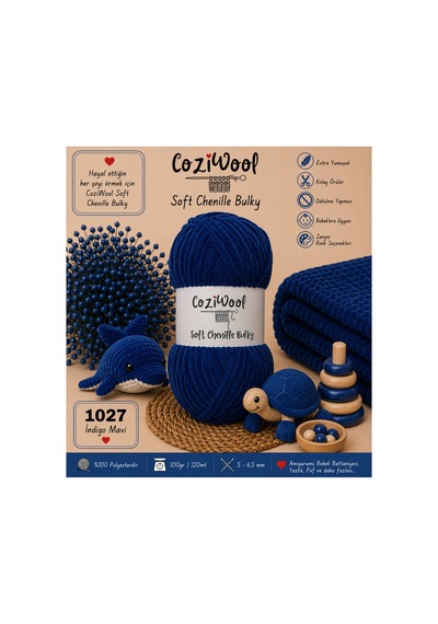 Kadife El Örgü İpliği Soft Chenille Bulky 5'li Paket, 5x100 Gr. 120 Mt. %100 Mikro Polyester İndigo Mavi - 875823131