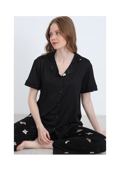 Elitol Desenli Milan Örme Kısa Kol Kadın Düğmeli Pijama Takımı Desenli-5