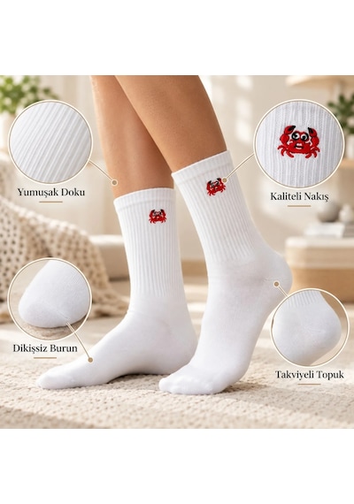 Çorap Giyim Unisex Çorap Beyaz Hayvan Nakışlı 6'lı Set Yengeç Yılan Kedi Desenli Uzun Soket Günlük Spor Çorabı