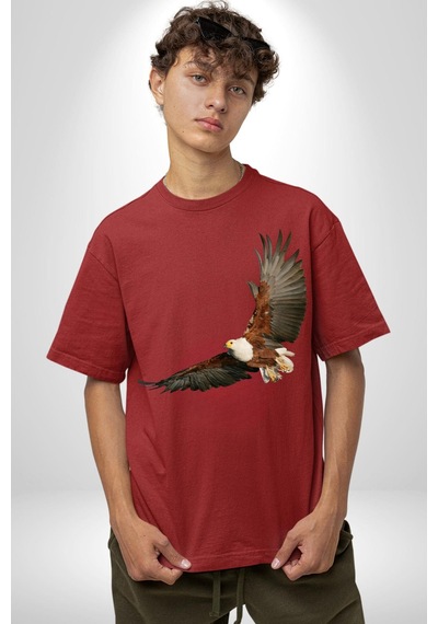 Kartal Özgürlük Pamuklu Bisiklet Yaka Unisex Oversize Boyfriend Dijital Baskılı Kırmızı T-shirt Kırmızı