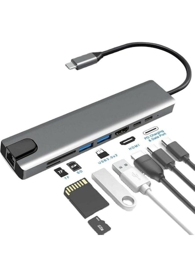 Usb Type-c Hub Dönüştürücü Çevirici Çoklayıcı Usb Hdmı Micro Sd 8 Girişli