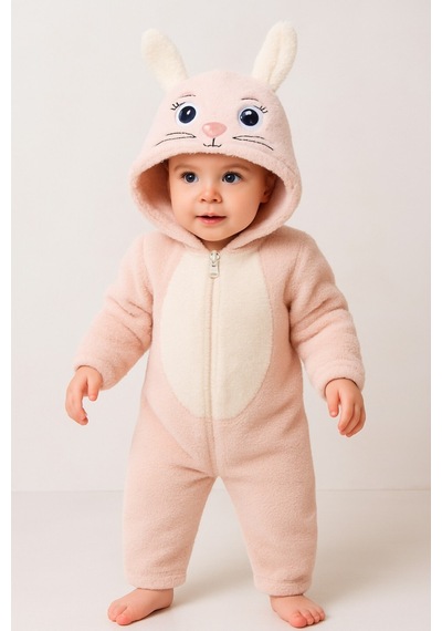 Unisex Bebek Kapüşonlu Tavşan Desenli Peluş Tulum Bej