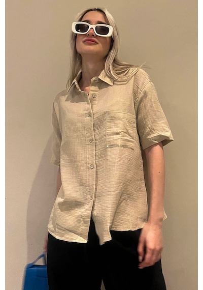Madmext Bej Muslin Kumaş Basic Kadın Gömlek Mg1784-bej Bej