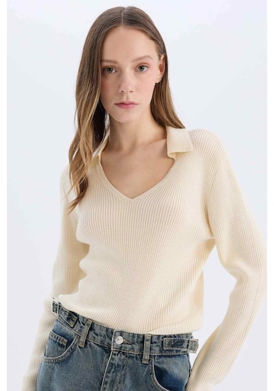 DeFacto Coool Slim Fit Dar Kesim Polo Yaka Crop Triko Kazak X4929AZ25SPER103 Ekru