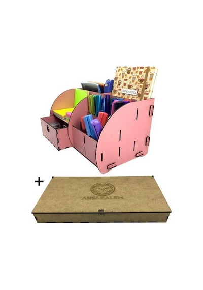 Masaüstü Düzenleyici Ahşap Organizer Seti Pembe
