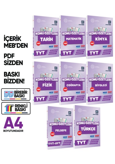 2027 Yks-tyt Mebi-ogm Pratik Konu Özet Kitap Seti Renkli A4 Boyut Görsel Destekli Baskı Ücreti