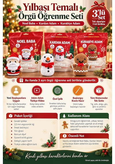 Selfıko Yılbaşı Örgü Öğrenme Seti Noel Baba Kardan Adam Kurabiye Adam Amigurumi 3'lü Hobi Kiti Çok Renkli