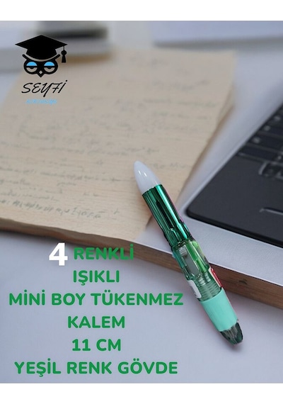 4 Renkli Işıklı Mini Boy Tükenmez Kalem 11 Cm Renkli Gövde Yeşil