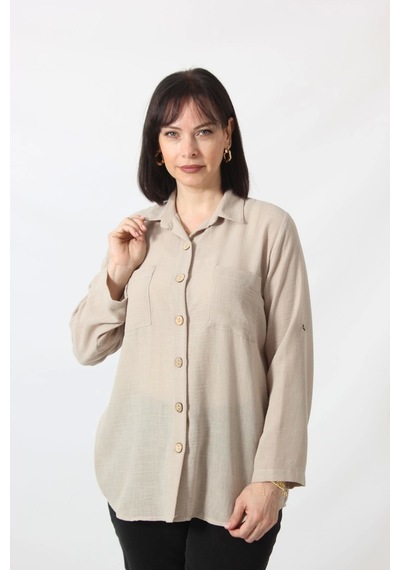 Moda Berray Bb-077 Bej Pamuk Keten Kolu Apoletli İki Cepli Kadın Büyük Beden Gömlek Bej