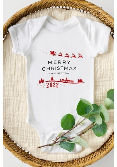 Hediyenza Merry Christmas Özel Tasarım Bebek Zıbın Pamuklu Çıtçıtlı Body Beyaz