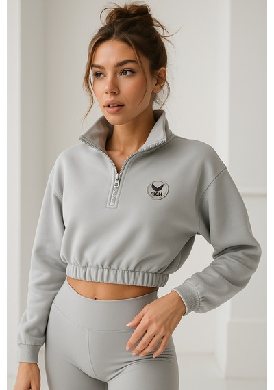 Kadın Gri Yarım Fermuarlı Beli Lastikli Crop Sweatshirt Gri