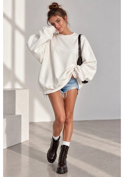 Bb Butik Basic 3 İplik Oversize Salaş Basic Sweatshirt Bisiklet Yaka My3535 beyaz