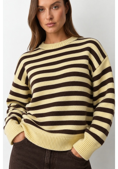 Madmext Sarı Çizgili Bisiklet Yaka Oversize Kadın Kazak Mg2894