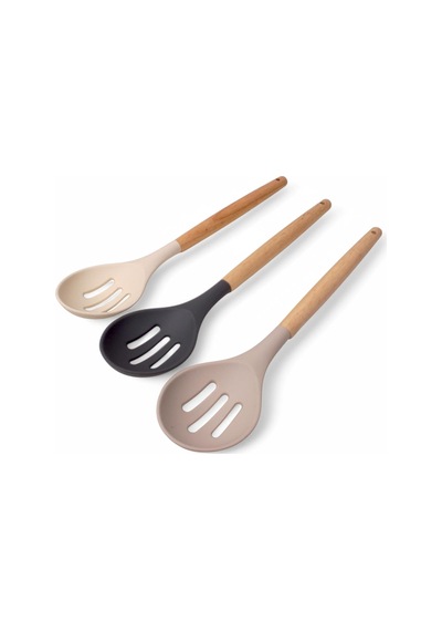 Deconox Bambu Saplı Silikon Delikli Servis Kaşığı, Bambu Uzun Silikon Delikli Servi Kaşığı 27cm 3 Renk Seçenek
