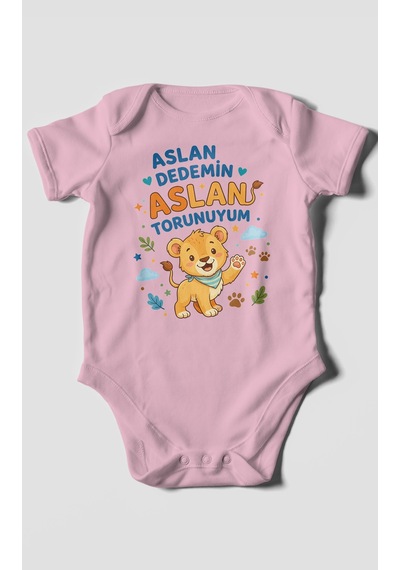 Morivokids Aslan Dedemin Aslan Torunuyum Kısa Kollu Bebek Body %100 Pamuk Koyu Pembe