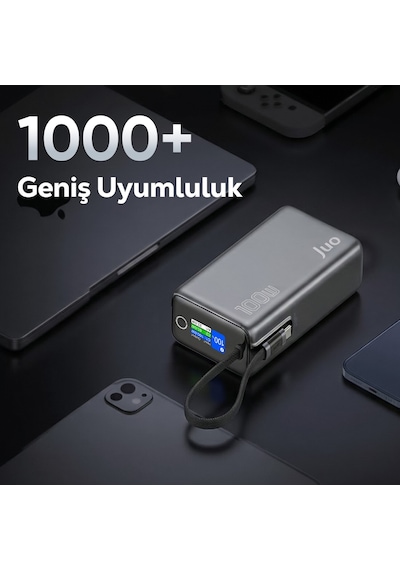 Juo 25000 Mah 100w Led Ekranlı Usb-a + Type-c Kablolu Taşınabilir Pd Hızlı Şarj Cihazı Powerbank Gri
