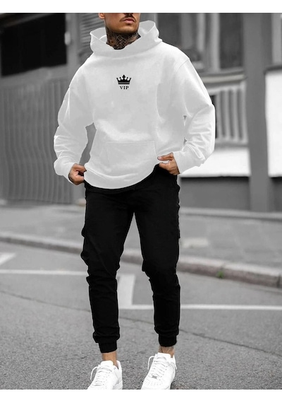 Vip Eşofman Takımı Beyaz Sweatshirt Siyah Jogger - Baskılı Oversize Şardonlu Kapüşonlu Beyaz Siyah Vip Eşofman Takımı Beyaz Sweatshirt Siyah Jogger - Baskılı Oversize Şardonlu Kapüşonlu Beyaz Siyah