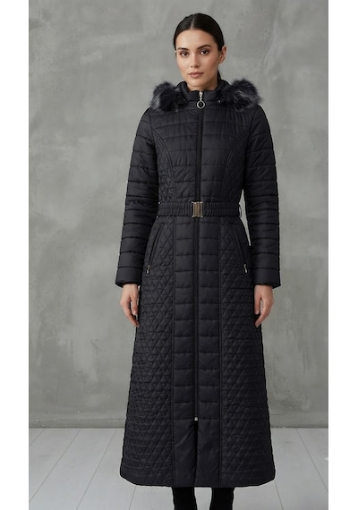Stormwear Kadın Siyah Kürk Kapüşonlu Kemerli Uzun Kapitone Şişme Mont Kaban