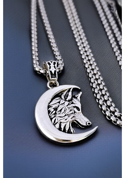 Ak Store Silver Gümüş Kaplama Krom-Çelik Erkek Kolye Madalyon Hilal İçinde Bozkurt Gümüş