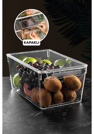 Kapaklı Buzdolabı Düzenleyici Buzdolabı Içi Düzenleyici Organizer 14 X 32,5 X 20 Cm Şeffaf
