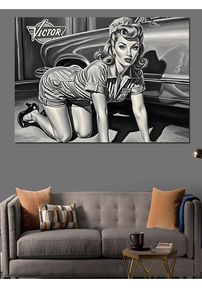 Mini Elbiseli Tamirci Pin Up Kadın Dekoratif Kanvas - Mdf Ahşap Tablo