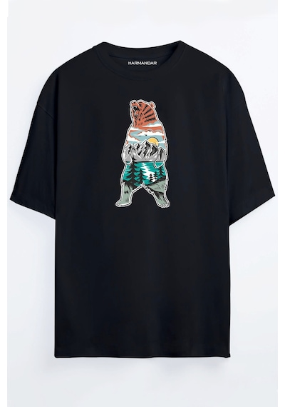 Orman Ayı Baskılı Unisex Siyah - Beyaz - Turuncu - Bej Oversize T-shirt SIYAH