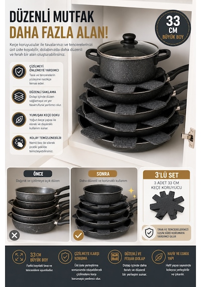 3'lü Antrasit Tava Çizdirmez Keçe Koruyucu 33 Cm Tava Tencere Ayırıcı Çizik Önleyici Organizer Set