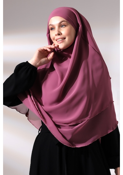 Pembe Üç Katlı Peçeli Kısa Şifon Tesettür Sufle Eşarp