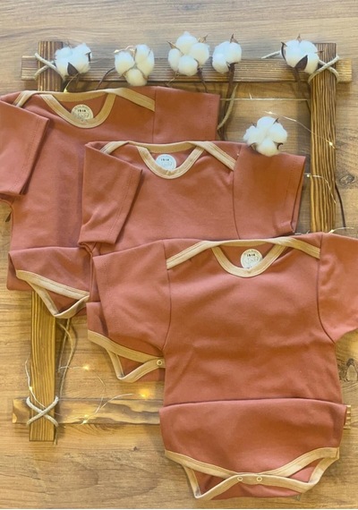 Betül Bebek Kısa Kollu 3'lü %100 Organik Pamuk Çıtçıtlı Bebek Body & Zıbın 3adet Kiremit