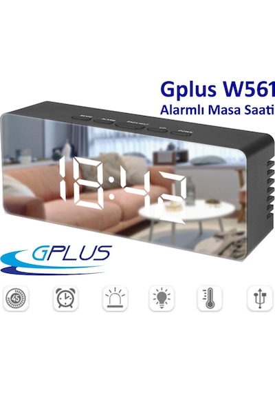 Gplus W561 Çift Alarmlı LCD Dijital Göstergeli Termometreli Aynalı Masa Saati