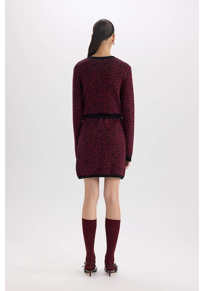DeFacto A Kesim Leopar Desenli Mini Triko Etek D8516AX24WNBR115 Bordo
