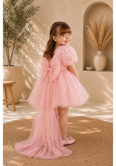Miço Kids Kız Çocuk 3d Gül Detaylı Tül Abiye Elbise Pembe