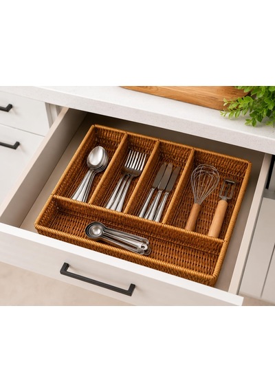 Tr Çekmece İçi Kaşıklık Hasır Görünümlü Rattan 4 Bölmeli Çatallık Bıçaklık, Düzenleyici Organizer, Genel