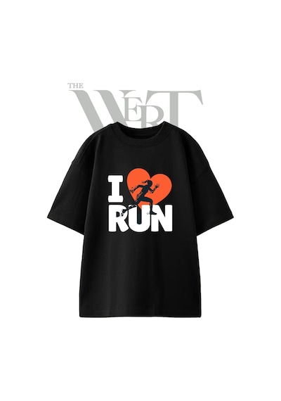 Thewert Runner Heart Tasarım Baskılı Ünisex Siyah Oversize T-shirt
