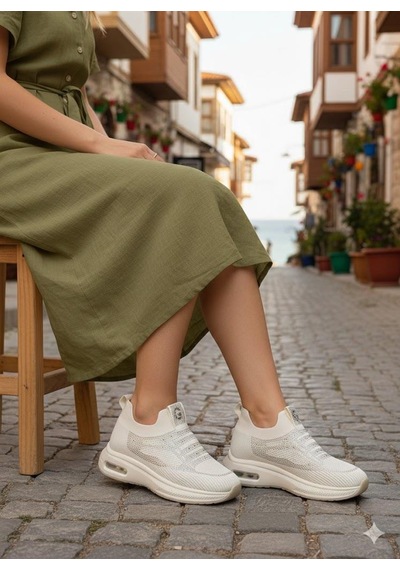 Guja 26y302-1 Rahat Air Taban Taşlı Tekstil Bağcıksız Spor Sneaker Kadın Ayakkabı Bej