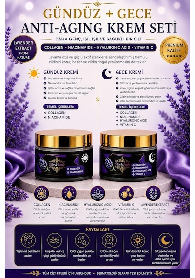 Skincare Seti, Gündüz Kremi, Gece Kremi Ve Anti-aging Serum, Retinol, Kolajen, Niasinamid İçerikli, 3'lü Bakım Set