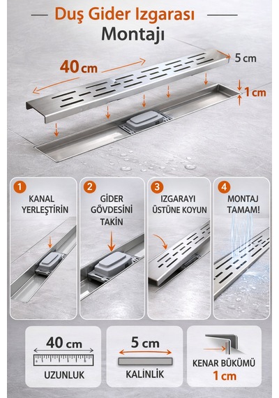40 Cm Lineer Duş Gider Izgarası 304 Paslanmaz Çelik 5 Cm Genişlik Üst Kanal Izgarası
