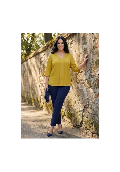 Hanezza Büyük Beden Şık V Yaka Nervur Detaylı Jessica Krep Bluz Olive - 4035099 Olive