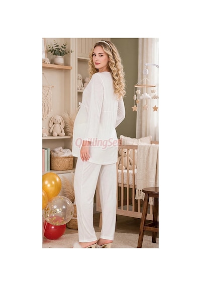 Quilling Lady Ekru Renkli, Dantel Detaylı 33209 Uzun Kol, 2 Parça Lohusa Hamile Pijama Takımı M - L