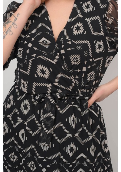 Neşeli Butik Kadın Kruvaze Yaka Midi Boy Büyük Beden Desenli Şifon Elbise Nb80622 Çok renkli