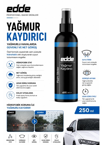 Edde Araba Araç Oto Cam Yağmur Kaydırıcı Ayna Cam Yağmur Suyu Kaydırıcı 250 Ml Oto Detailing