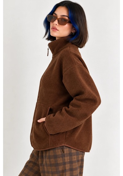 Mevese Oversize Dik Yaka Biyeli Fermuarlı Cepli Teddy Peluş Ceket- - Acı Kahve Kahverengi