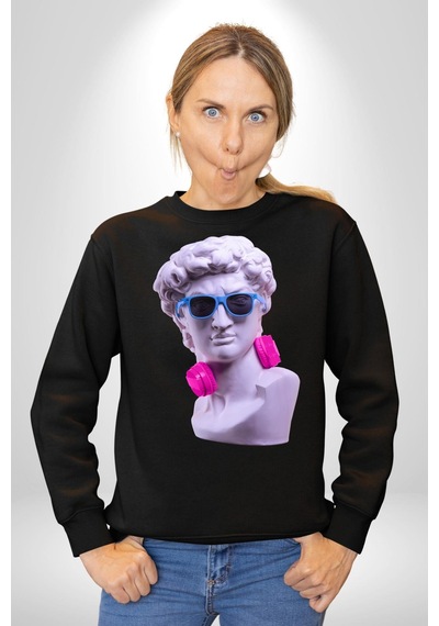 Kulaklık Gözlük Pop Art Heykel Unisex Siyah Sweatshirt Siyah